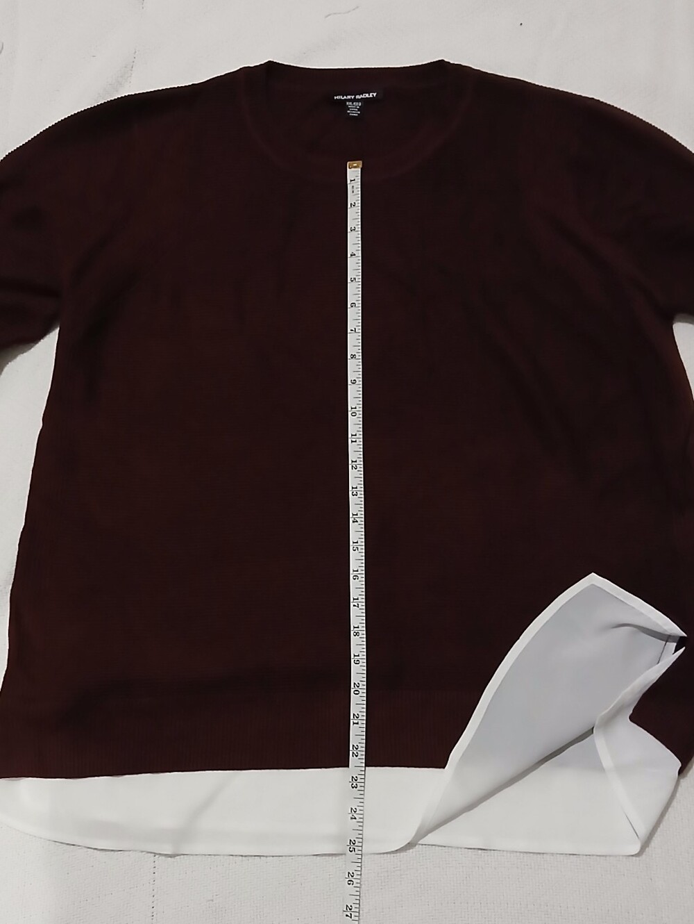 Hilary Radley Burgundy Crewneck Sweater with White Hem Panel
